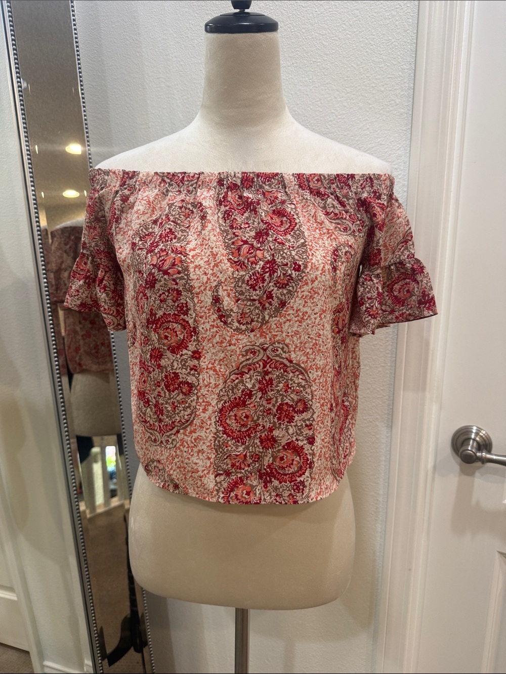 Madewell Off-Shoulder Paisley Silk Top in Red and Cream
